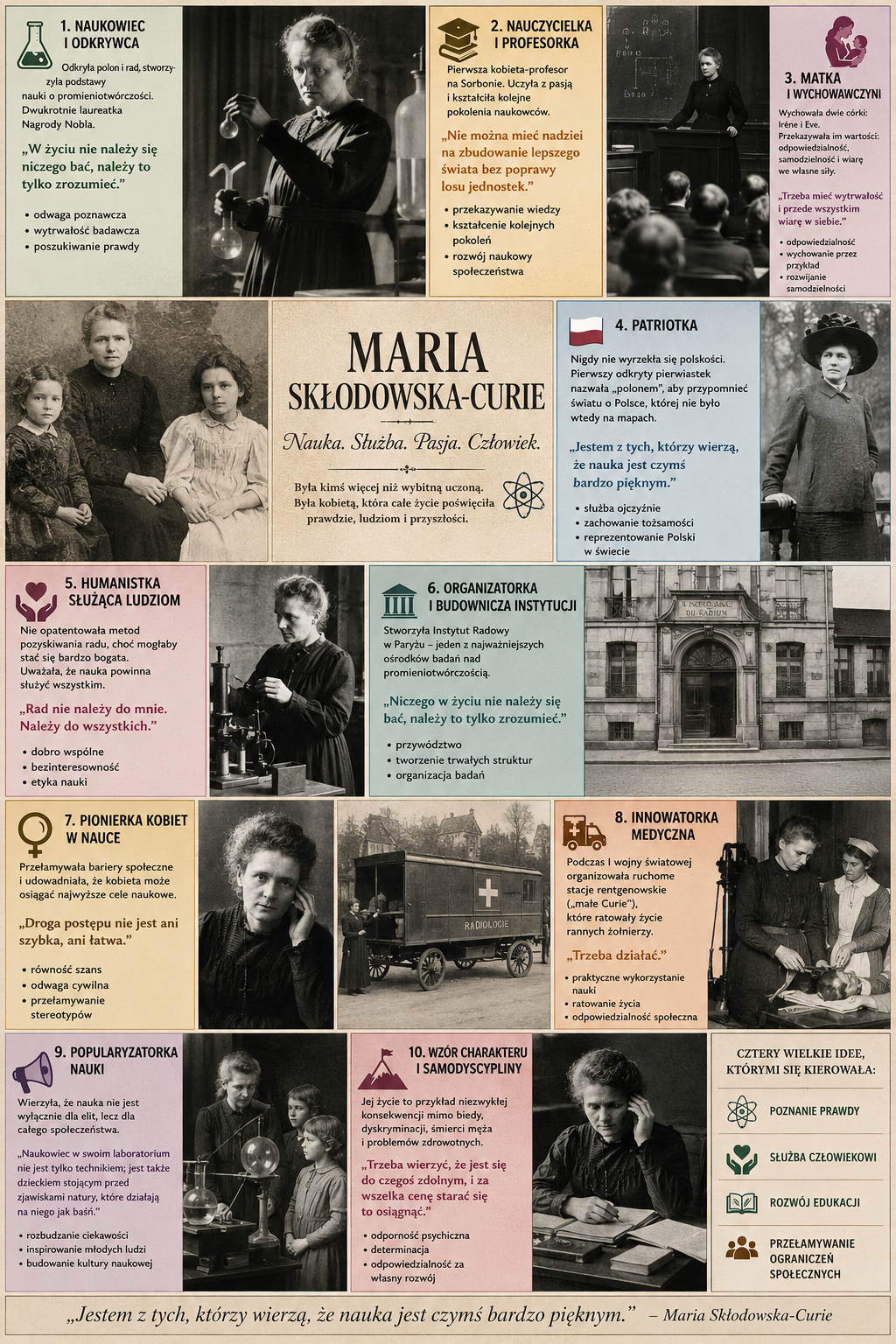 Infografika o Marii Skłodowskiej-Curie z 10 sekcjami opisującymi role: Naukowiec i odkrywca; Nauczycielka i profesor; Matka i wychowawczyni; Patriotka; Humanistka służąca ludzio...