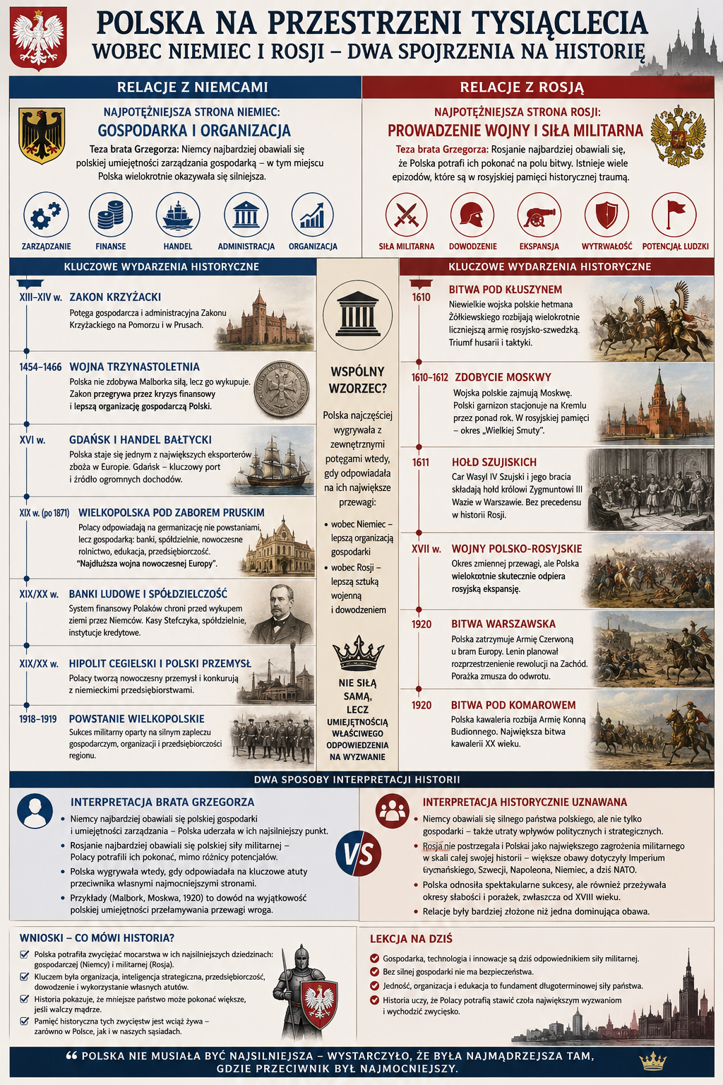 Dwukolumnowa infografika po polsku: lewa kolumna – relacje z Niemcami (gospodarka, organizacja) i kluczowe wydarzenia historyczne; prawa kolumna – relacje z Rosją (siła militarn...