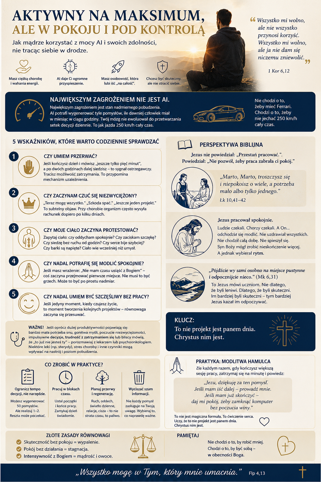 Infografika w beżowo-niebieskich tonach z tytułem 'AKTYWNY NA MAKSIMUM, ALE W POKOJU I POD KONTROLĄ', postać siedząca na wzgórzu patrząca na wschód, sekcje z ikonami, cytaty bib...