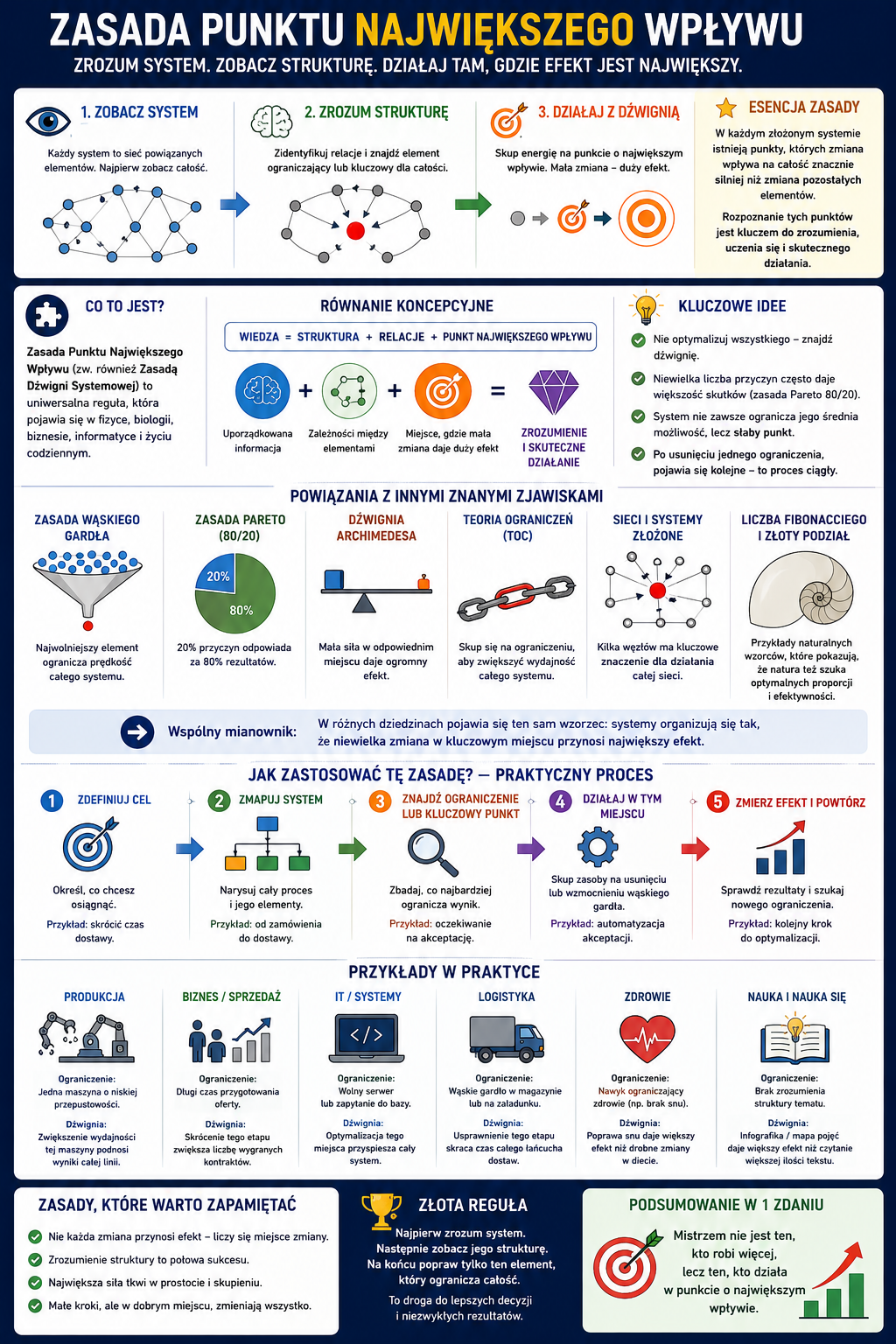 Infografika edukacyjna o zasadzie Punktu Największego Wpływu, ilustrująca etapy obserwacji systemu, zrozumienia struktury i działanie z dźwignią.