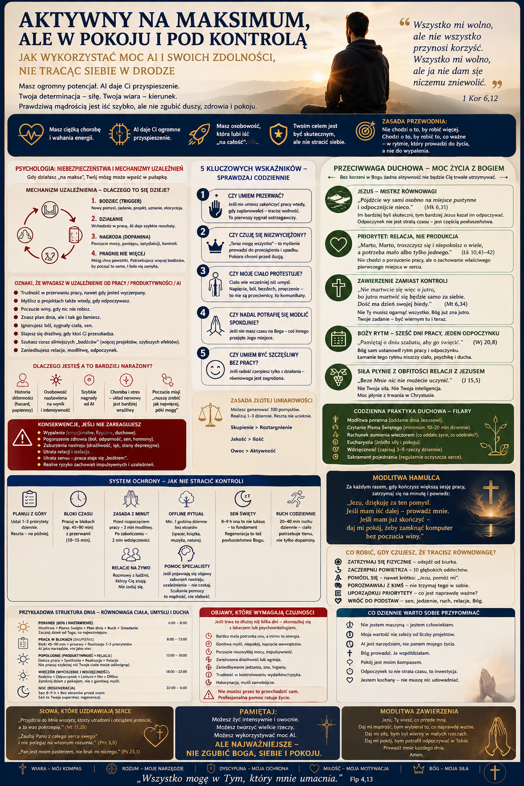 Infografika „Aktywny na maksimum” prezentuje sekcje o psychologii, uzależnieniach, duchowości i codziennych praktykach.
