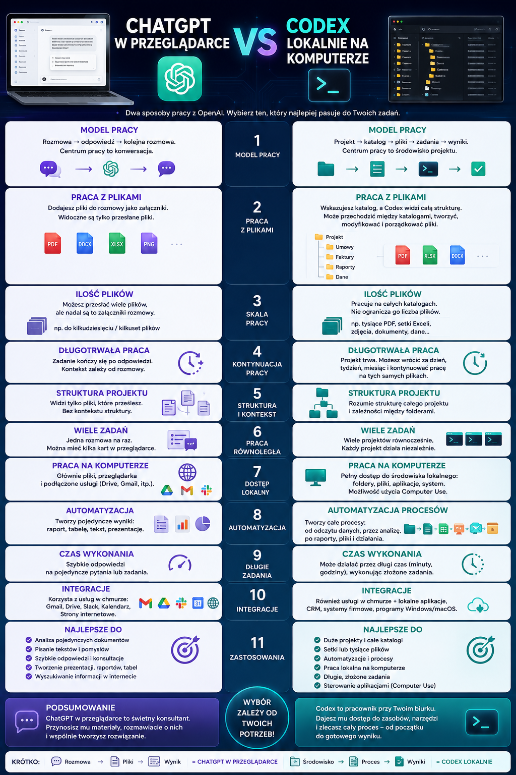Infografika porównująca ChatGPT w przeglądarce z Codex lokalnie na komputerze, pokazuje różnice w modelu pracy, obsłudze plików i organizacji projektu.