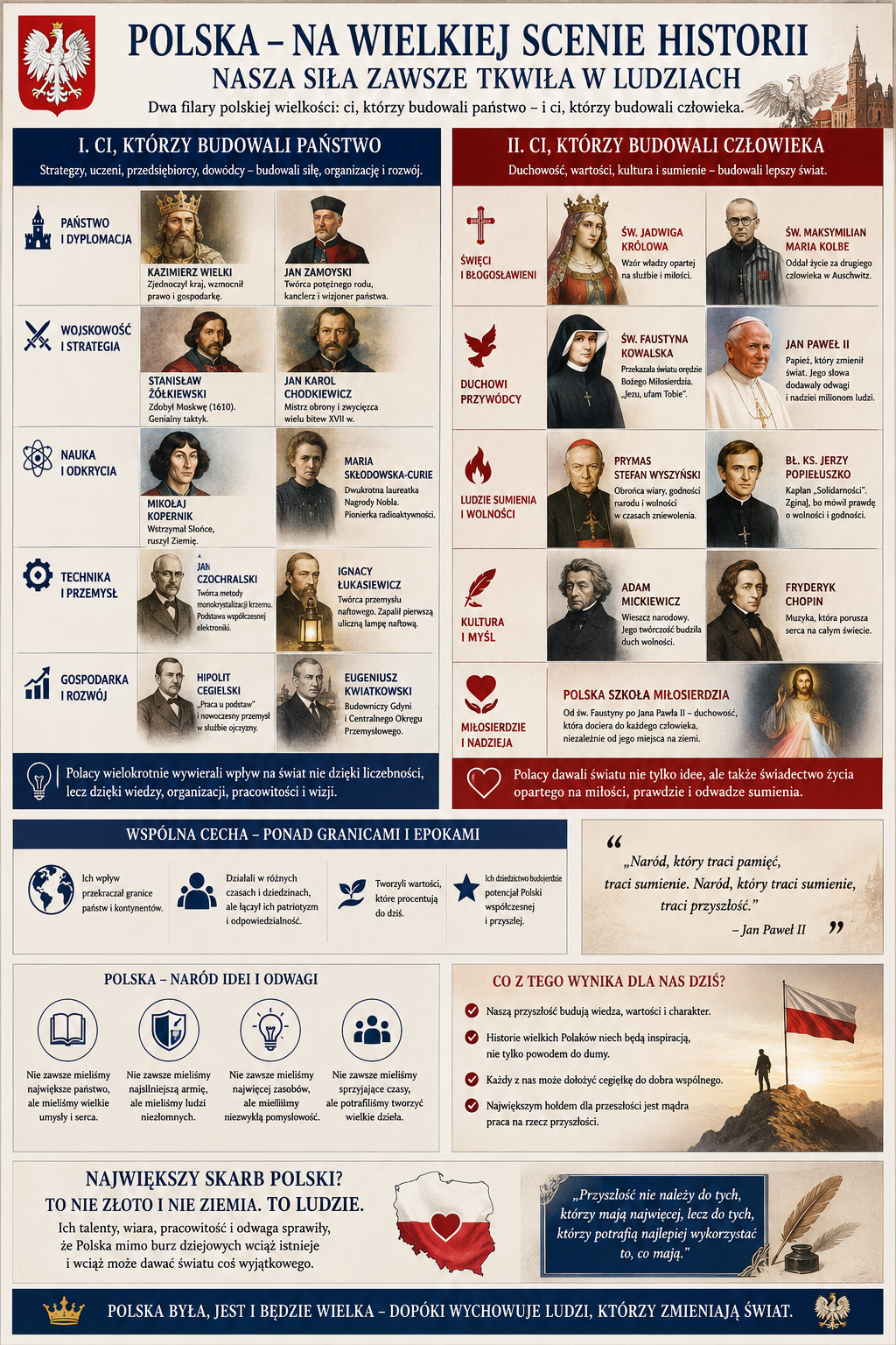 Dwuczęściowa infografika o tytule 'Polska - na wielkiej scenie historii' z portretami postaci związanych z państwem, wojskiem, nauką, techniką i gospodarką po lewej oraz duchowi...