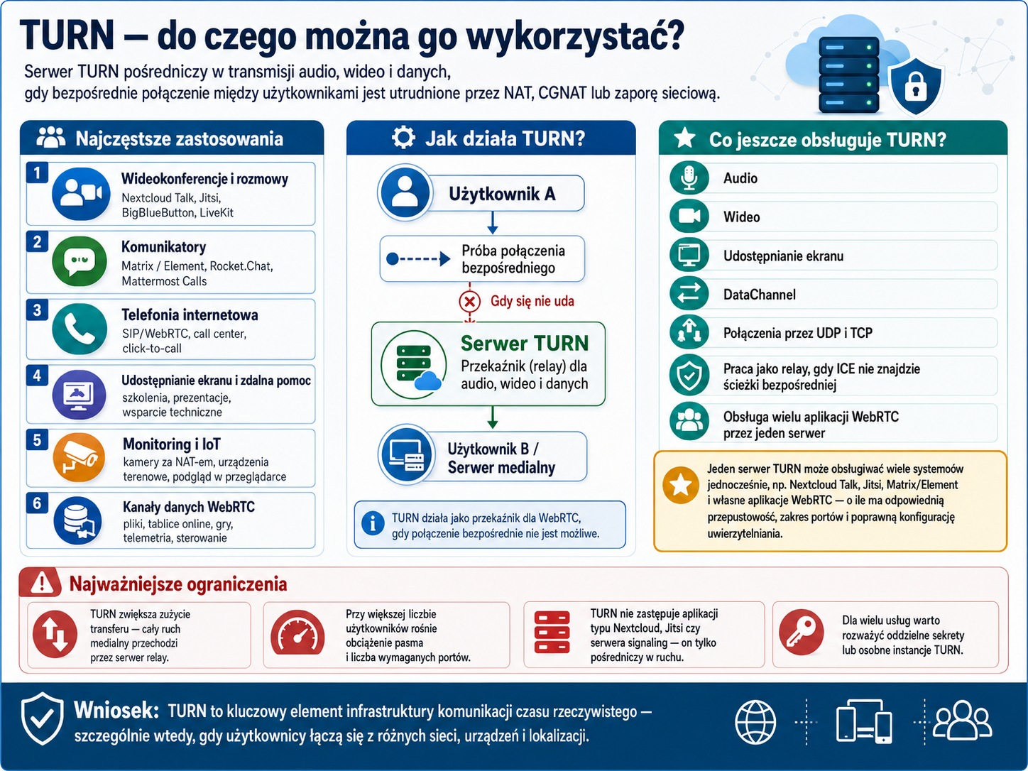 Infografika o serwerze TURN pokazująca zastosowania, sposób działania i obsługiwane funkcje (audio, wideo, dane, relay)