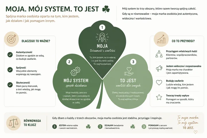 Infografika o marce osobistej z trzema zielonymi liśćmi tworzącymi trzy obszary: 'MOJA tożsamość i wartości', 'MOJ SYSTEM', 'TO JEST wartość dla innych'. Po bokach znajdują się...