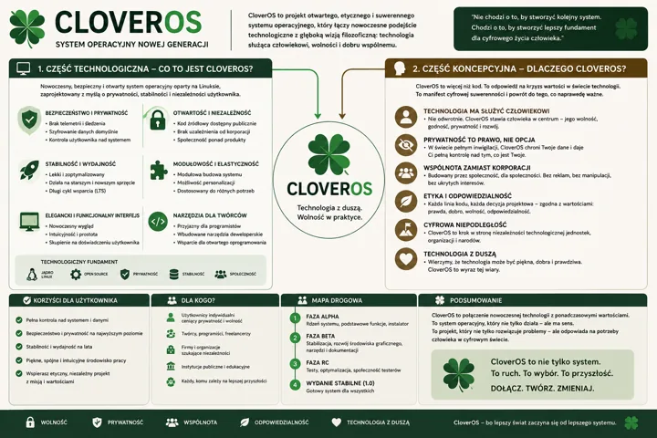 Schemat CloverOS: centralne logo CloverOS, dwie kolumny 'Część technologiczna' i 'Część koncepcyjna', sekcje z ikonami i listami korzyści, mapa drogowa i podsumowanie.