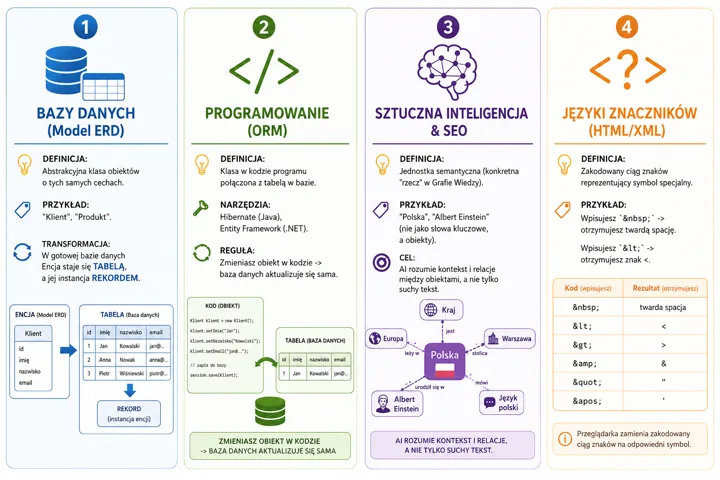 Infografika składa się z czterech kolumn: 1) Bazy danych (Model ERD), 2) Programowanie (ORM), 3) Sztuczna inteligencja & SEO, 4) Języki znaczników (HTML/XML).
