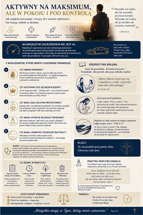 Infografika w beżowo-niebieskich tonach z tytułem 'AKTYWNY NA MAKSIMUM, ALE W POKOJU I POD KONTROLĄ', postać siedząca na wzgórzu patrząca na wschód, sekcje z ikonami, cytaty bib...