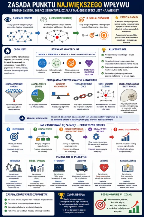 Infografika edukacyjna o zasadzie Punktu Największego Wpływu, ilustrująca etapy obserwacji systemu, zrozumienia struktury i działanie z dźwignią.