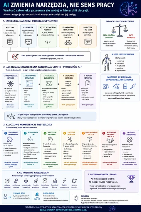 Ilustracja przedstawia ewolucję narzędzi programistycznych, schematy działania AI w planowaniu, generowaniu elementów i renderowaniu, oraz sekcje o kompetencjach przyszłości i o...