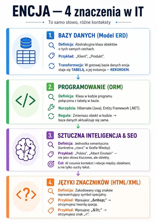 Infografika z czterema sekcjami: BAZY DANYCH, PROGRAMOWANIE, SZTUCZNA INTELIGENCJA & SEO oraz JĘZYKI ZNACZNIKÓW (HTML/XML) – każda sekcja z ikoną i krótkim opisem.