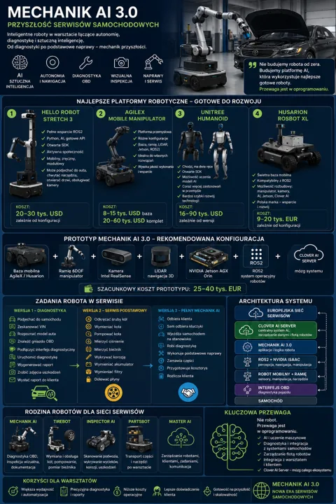 Infografika o funkcjach i konfiguracji Mechanik AI 3.0 w serwisie samochodowym: roboty, platformy, prototypy i architektura systemu.