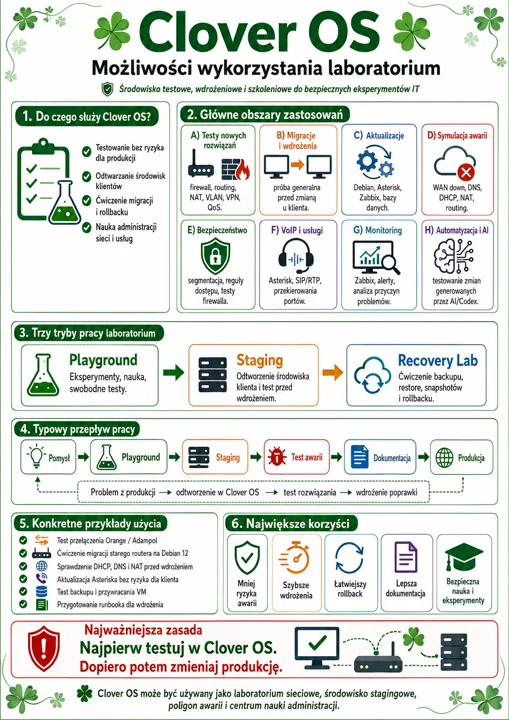 Infografika Clover OS opisująca zastosowania laboratorium IT, obszary zastosowań, tryby pracy Playground, Staging i Recovery Lab oraz korzyści: bezpieczeństwo, testy i automatyz...