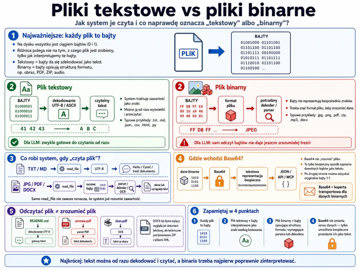 Infografika porównująca pliki tekstowe i binarne, pokazuje jak teksty są dekodowane, jakie formaty istnieją i gdzie pojawia się base64.