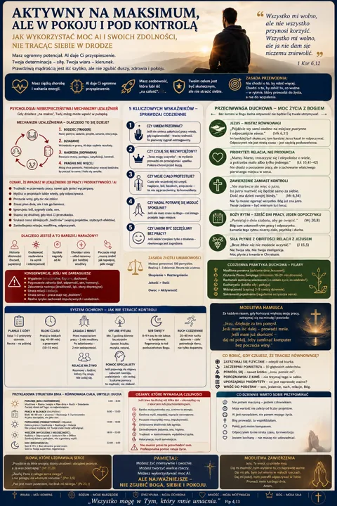 Infografika „Aktywny na maksimum” prezentuje sekcje o psychologii, uzależnieniach, duchowości i codziennych praktykach.