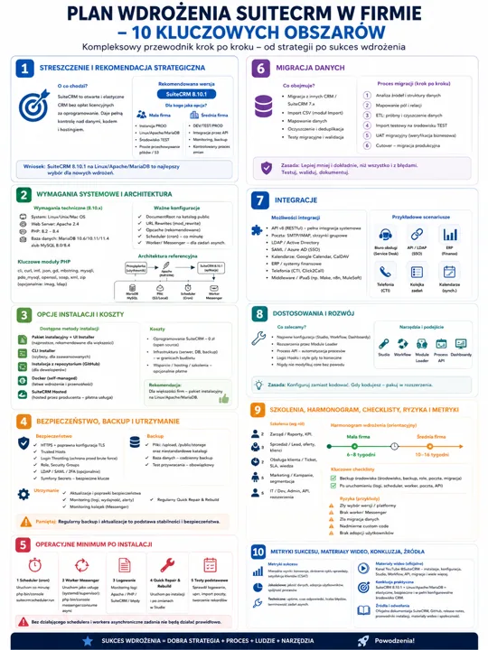 Plan wdrożenia SuiteCRM w firmie – 10 kluczowych obszarów, od strategii i wymagań systemowych po migrację danych, integracje i szkolenia.