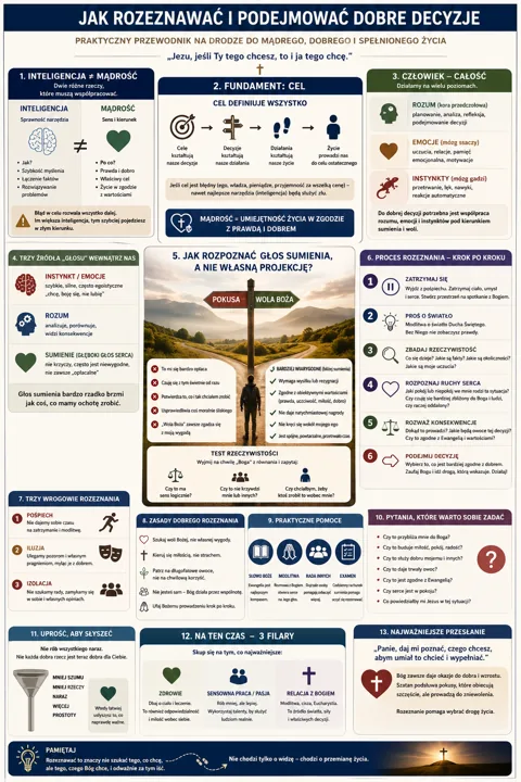 Infografika w języku polskim prezentująca przewodnik do podejmowania dobrych decyzji: sekcje o inteligencji i mądrości, znaczenie celu, człowieka jako całości, różne głosy wewną...