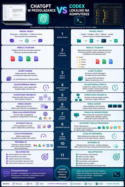 Infografika porównująca ChatGPT w przeglądarce z Codex lokalnie na komputerze, pokazuje różnice w modelu pracy, obsłudze plików i organizacji projektu.
