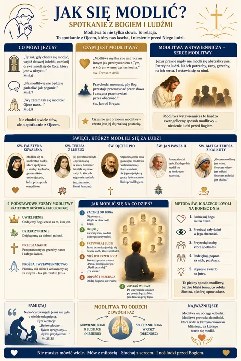 Infografika o modlitwie z tytułem Jak się modlić? Spotkanie z Bogiem i ludźmi; sekcje dotyczące Jezusa, modlitwy, modlitwy wstawienniczej i świętych, zilustrowane postaciami i i...