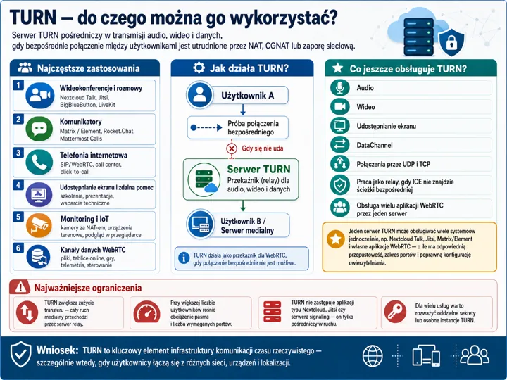 Infografika o serwerze TURN: zastosowania (wideokonferencje i rozmowy, komunikatory, telefonia internetowa, udostępnianie ekranu i zdalna pomoc, monitoring i IoT, kanały danych...