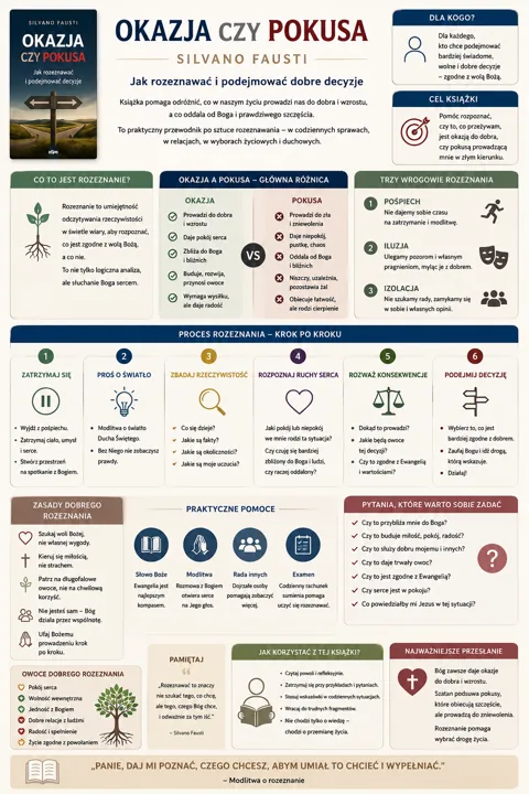 Infografika o tytule 'Okazja czy Pokusa' autorstwa Silvano Fausti. Omawia czym jest rozeznanie, różnicę między okazją a pokusą, trzy wrogowie rozeznania oraz krok po kroku proce...