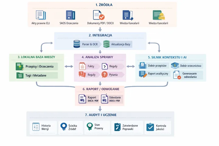 Infografika procesu zarządzania wiedzą prawną: źródła dokumentów, integracja danych, lokalna baza wiedzy, analiza spraw, silnik kontekstu i AI, raporty, audyt i uczenie.
