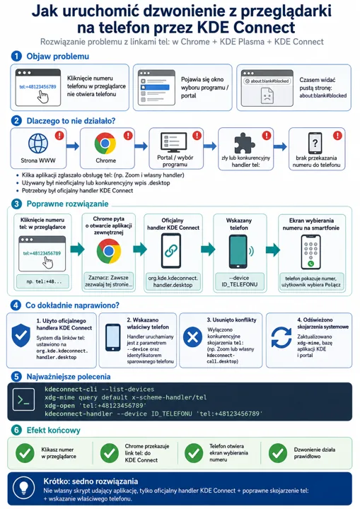 Infografika opisująca kroki od problemu do uruchomienia dzwonienia przez KDE Connect, z sekcjami: problem, przyczyny, rozwiązanie, polecenia.