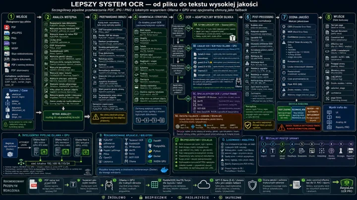 Infografika ukazująca 8-etapowy pipeline OCR od wejścia pliku, analizy, przetwarzania obrazu, segmentacji, wyboru silnika, post‑processingu i wyjścia.