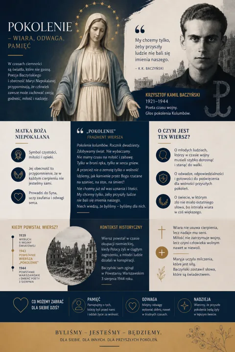 Kolaż: Matka Boża Niepokalana i portret Krzysztofa Kamila Baczyńskiego, cytaty i fragmenty tekstów o pokoleniu wojny i pamięci.