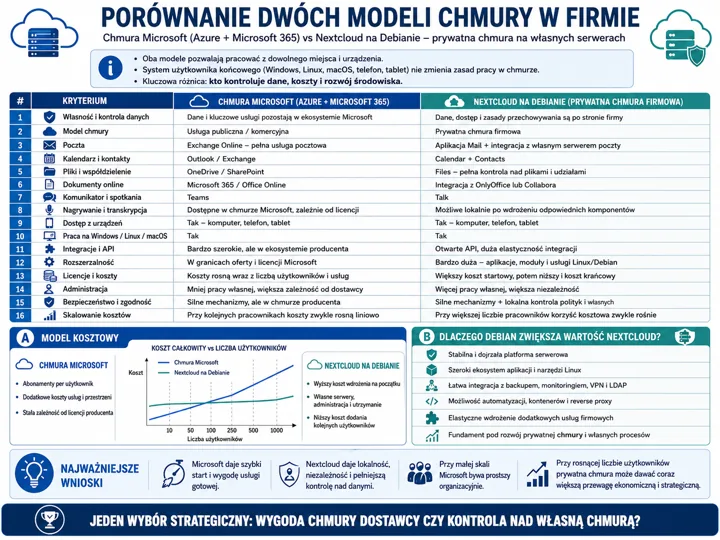 Infografika przedstawiająca porównanie dwóch modeli chmury w firmie: Chmura Microsoft (Azure + Microsoft 365) vs Nextcloud na Debianie, z tabelą kryteriów i sekcjami kosztów ora...