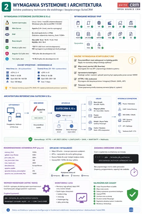 Infografika o wymaganiach systemowych i architekturze SuiteCRM 8.10.x, pokazująca sekcje: wymagania systemowe, moduły PHP, konfiguracje oraz architekturę referencyjną.