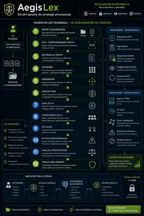 Ilustracja infografiki AegisLex: lewa kolumna z logo i procesy od importu dokumentów po analizę i decyzje, prawa kolumna z wynikami i funkcjami platformy.