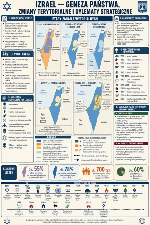 Infografika w języku polskim o genezie Izraela, zmianach terytorialnych i dyplomacji z mapami i osiami czasu.