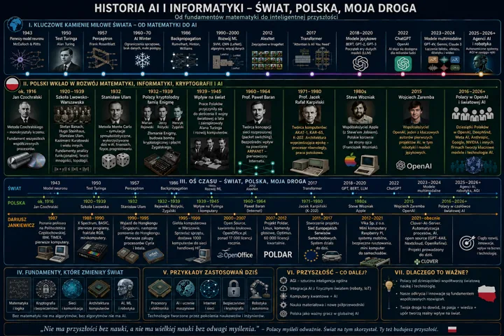 Infografika z osiami czasu obejmująca historię AI i informatyki, podział na świat i Polskę, z ikonami technologii i postaciami historycznymi.