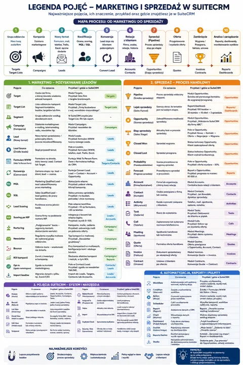 Infografika 'Legenda pojęć – Marketing i sprzedaż w SuiteCRM' prezentująca procesy od leadów po raporty oraz zestaw pojęć i narzędzi SuiteCRM.