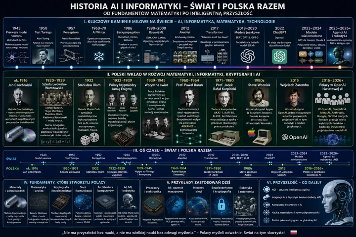Infografika przedstawiająca historię AI i informatyki z podziałem na sekcje: kamienie milowe, wkład Polski, oś czasu, fundamenty, zastosowania dziś i przyszłość; zawiera postaci...