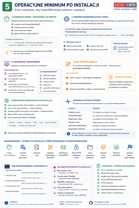 Infografika opisuje operacyjne minimum po instalacji SuiteCRM, z sekcjami o harmonogramie (cron), Worker Messenger (asynchroniczne zadania), logowaniu i monitoringu, Quick Repai...