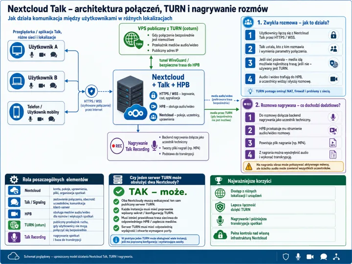 Schemat architektury Nextcloud Talk ukazujący użytkowników, serwer Nextcloud, HPB, TURN, tunel i proces nagrywania rozmów.