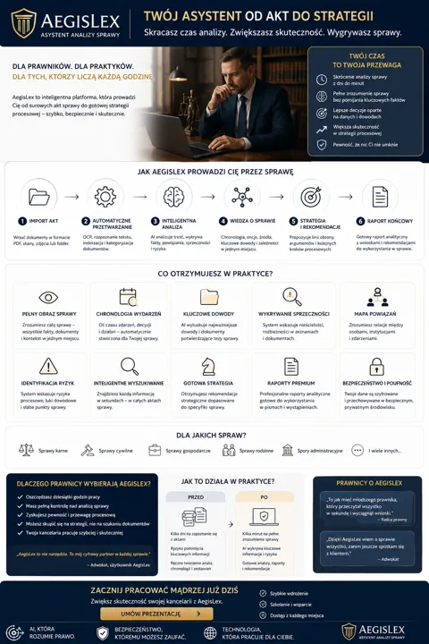 Infografika promująca AegisLex: proces od importu akt przez analizę i identyfikację dowodów aż do raportu końcowego, z sekcjami korzyści i zastosowań.