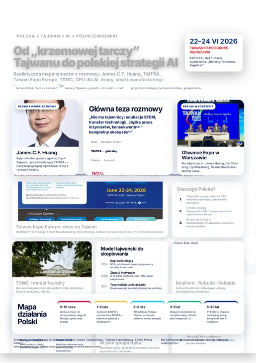 Infografika o relacjach Polska–Tajwan w AI i technologii, z tytułem Od krzemowej tarczy Tajwanu do polskiej strategii AI, prezentująca główne tematy rozmowy i wydarzenia.