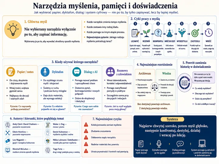 Infografika pokazuje narzędzia myślenia: notatki papierowe, dyktafon, dialog z AI i rozmowa z człowiekiem, zestawione w sekcjach dotyczących ich zastosowania i kontekstu.