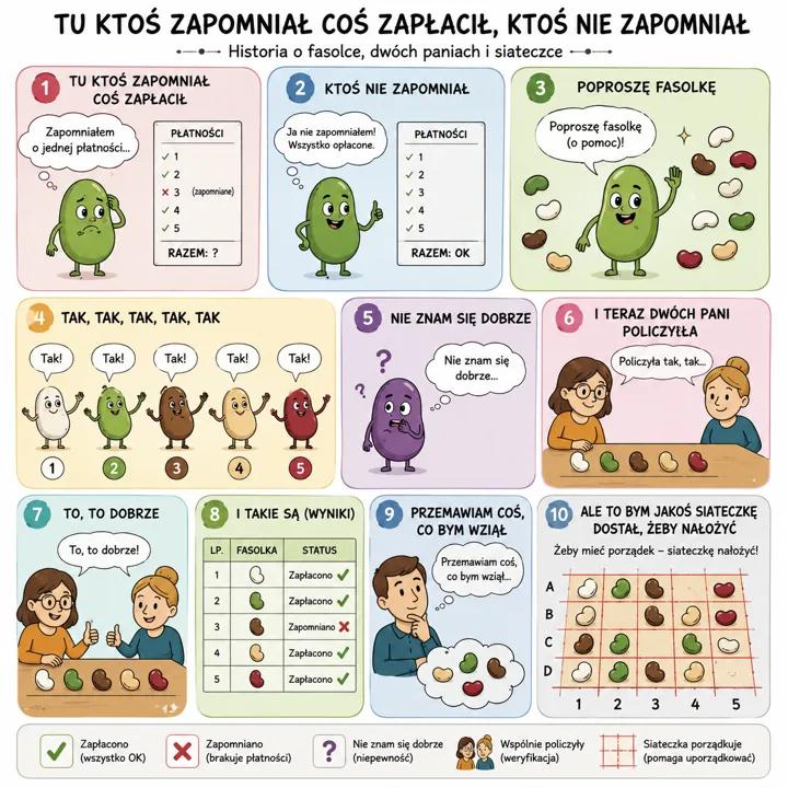 Infografika składająca się z 10 paneli z zieloną fasolką i dwoma paniami ilustrujących scenki zapłaty, zapomnienia i porządku; na dole legendy: zapłacono, zapomniano, nie wiem d...