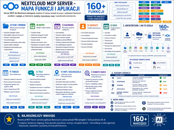 Infografika: mapa funkcji i aplikacji Nextcloud MCP Server z podziałem na sekcje (pliki, notes, kalendarz, kontakty, deck, maps, talk, tables, semantic search) oraz opisem archi...