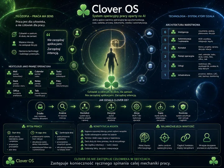 Infografika Clover OS przedstawia architekturę warstwową, procesy działania i wartości systemu operacyjnego wspieranego przez AI.