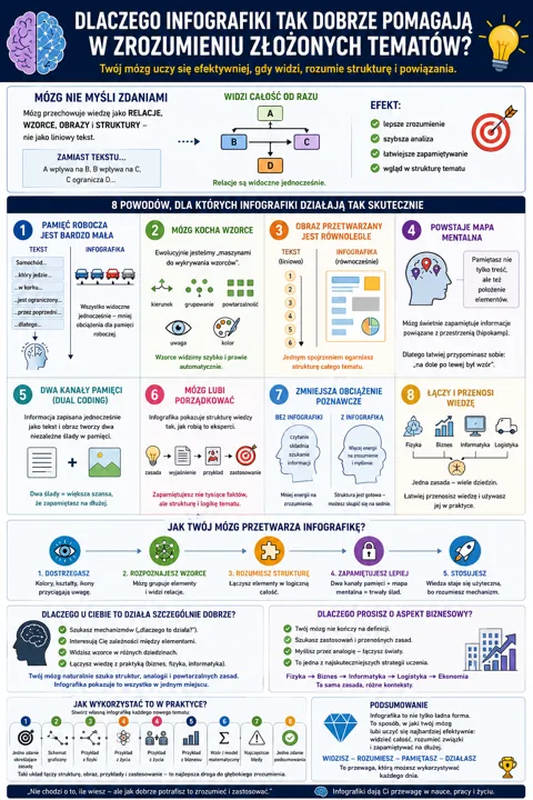 Ilustracja wyjaśniająca, dlaczego infografiki pomagają w zrozumieniu złożonych tematów: łączenie tekstu i grafiki, mapa mentalna, dwa kanały pamięci i przetwarzanie informacji.
