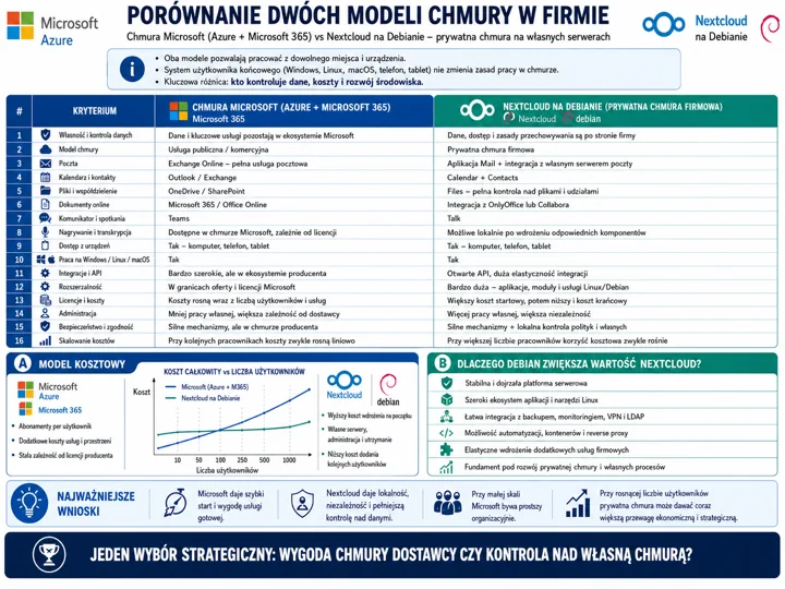 Infografika porównująca dwa modele chmury w firmie: chmurę Azure + Microsoft 365 oraz prywatną chmurę Nextcloud na Debianie, z tabelą kryteriów, sekcją kosztów i dodatkowych wni...