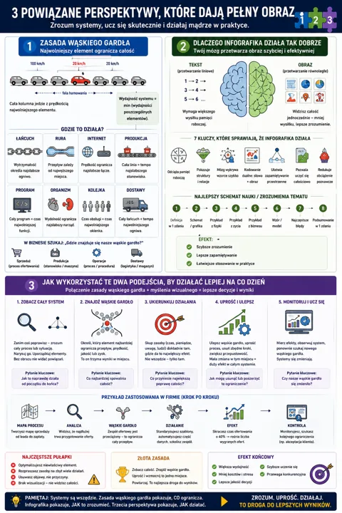 Infografika podzielona na trzy sekcje: zasada wąskiego gardła, dlaczego infografika działa dobrze oraz praktyczne zastosowania. Zawiera schemat mózgu, ikony i przykłady zastosowań.