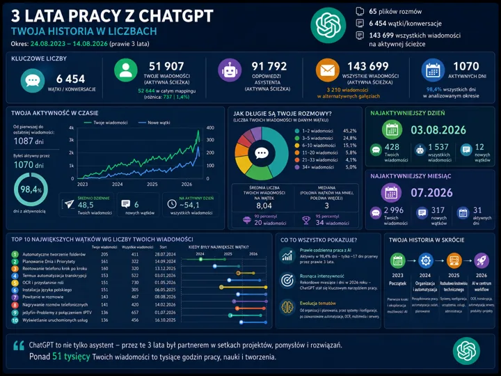 Infografika przedstawiająca statystyki dotyczące pracy z ChatGPT, z wykresami i liczbami o aktywności, liczbie wiadomości i rozmów.