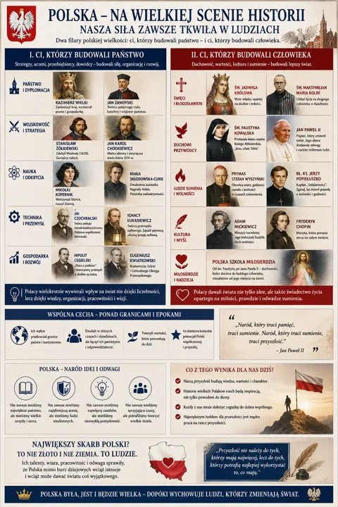 Dwuczęściowa infografika o tytule 'Polska - na wielkiej scenie historii' z portretami postaci związanych z państwem, wojskiem, nauką, techniką i gospodarką po lewej oraz duchowi...