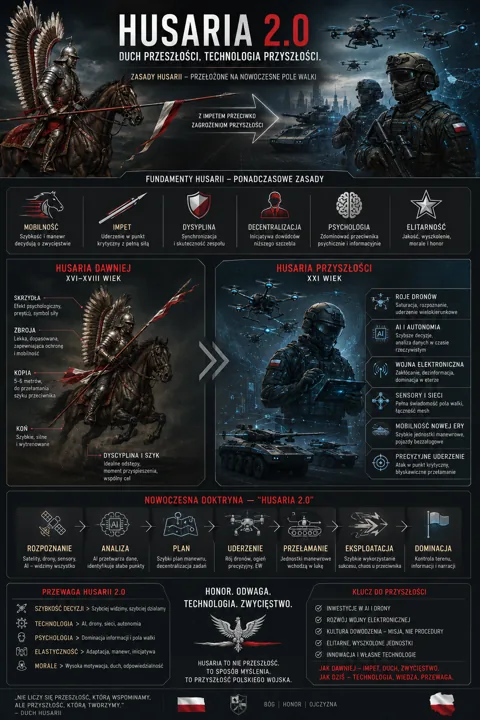 Infografika „Husaria 2.0” przedstawia dawne zasady husarii i futurystyczne technologie wojskowe, w tym drony, AI, autonomiczne systemy i plan doktrynalny od rozpoznania do domin...